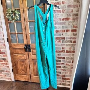 Bella Donna Jumpsuit Womens Green Linen Blend Button Front Wide Leg Earthy M
